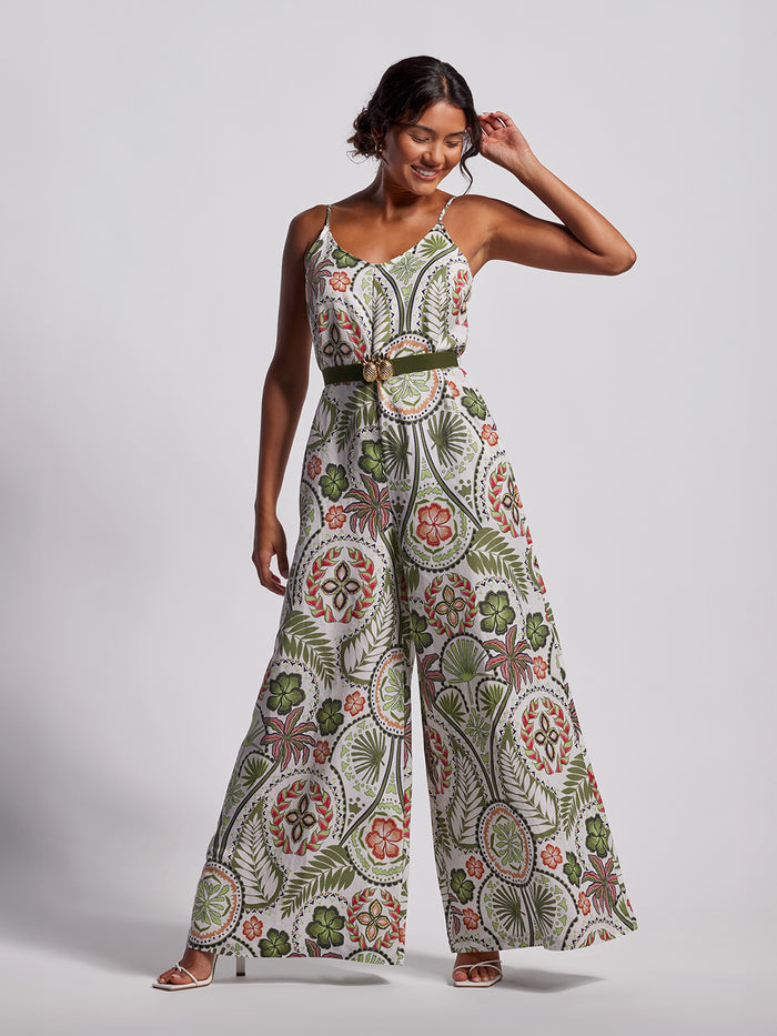 Multicolor floral-print sleeveless jumpsuit, front view against white background.