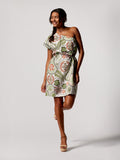 White off-shoulder linen-viscose dress, front view with platform heels.
