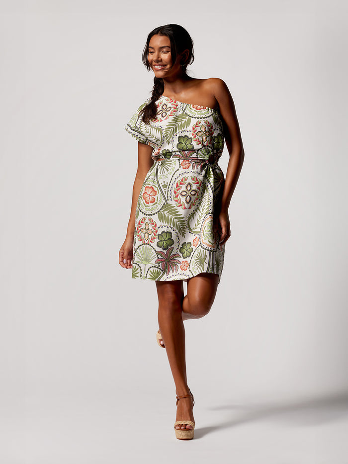 White off-shoulder linen-viscose dress, front view with platform heels.