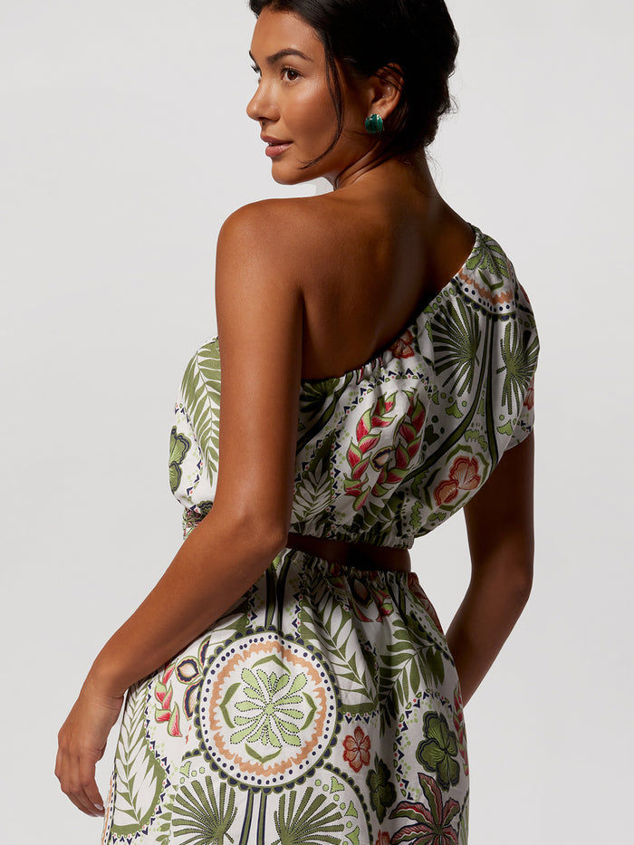 White floral-print Bazaar Theodora dress with gathered waist cutout, back view.