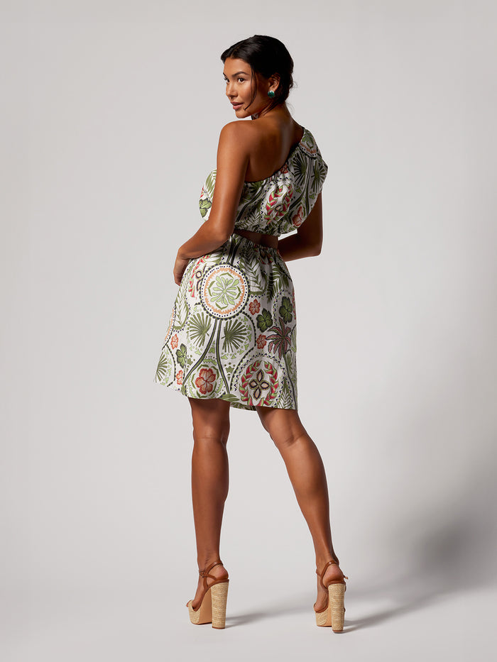 White  patterned Bazaar Theodora dress with waistline cutout, back view.