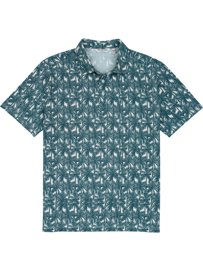 Teal palm-print short-sleeve button-up, quick-dry fabric; front and back views shown.