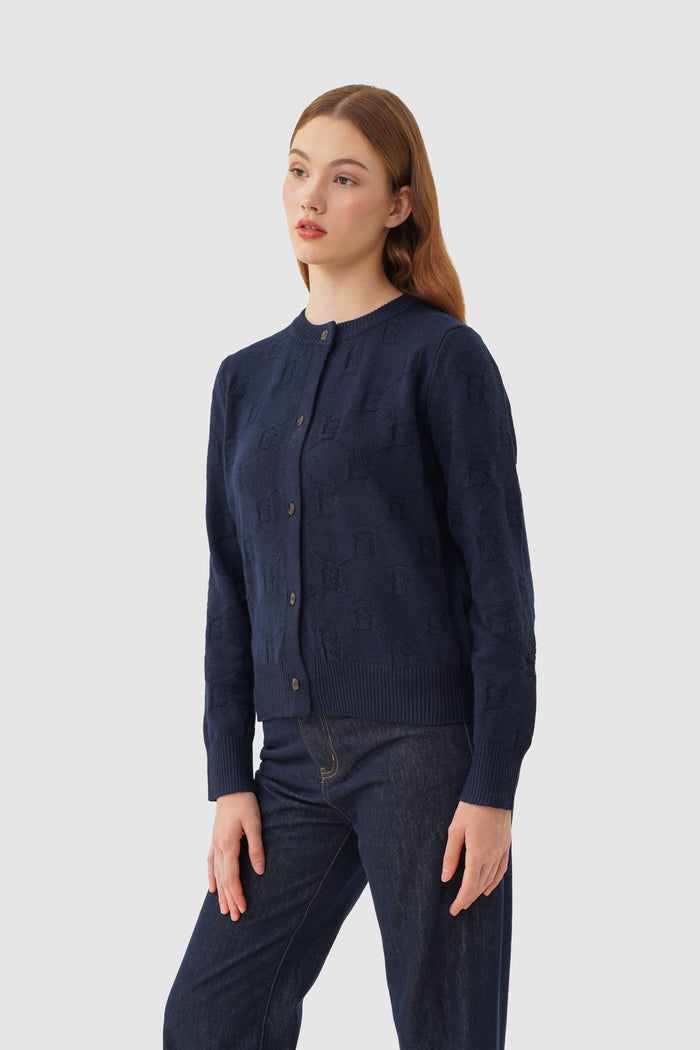 beverly knit cardigan in navy by buttonscarves front view