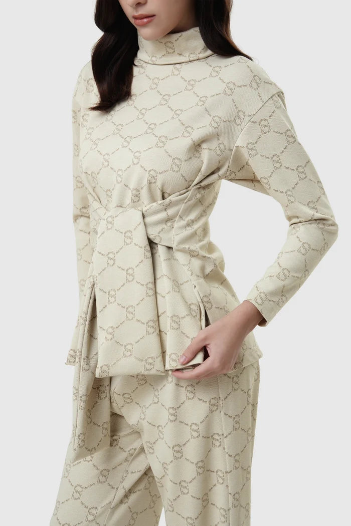 beverly monogram high neck top in cream by buttonscarves pattern detail