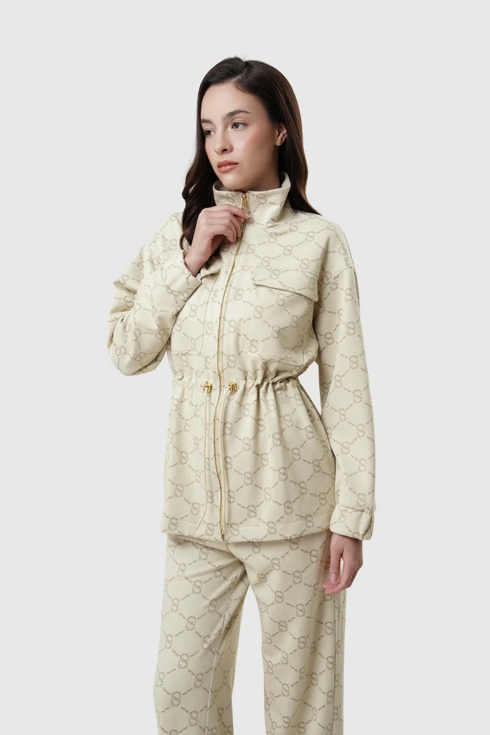 beverly monogram jacket in cream by buttonscarves front view