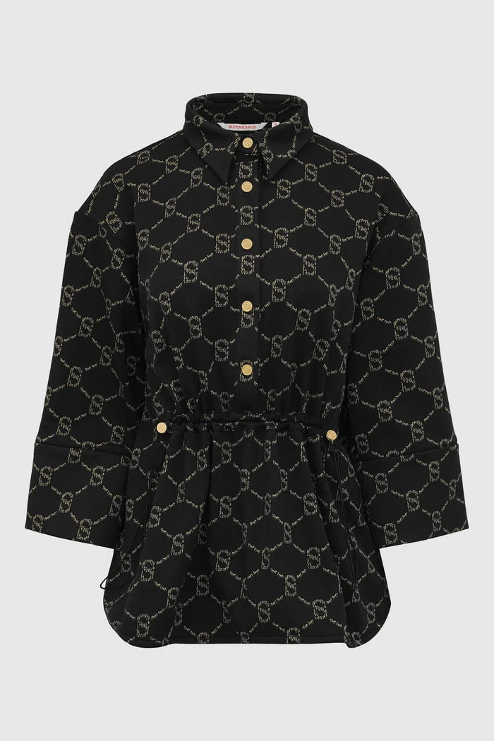 beverly monogram shacket in black by buttonscarves