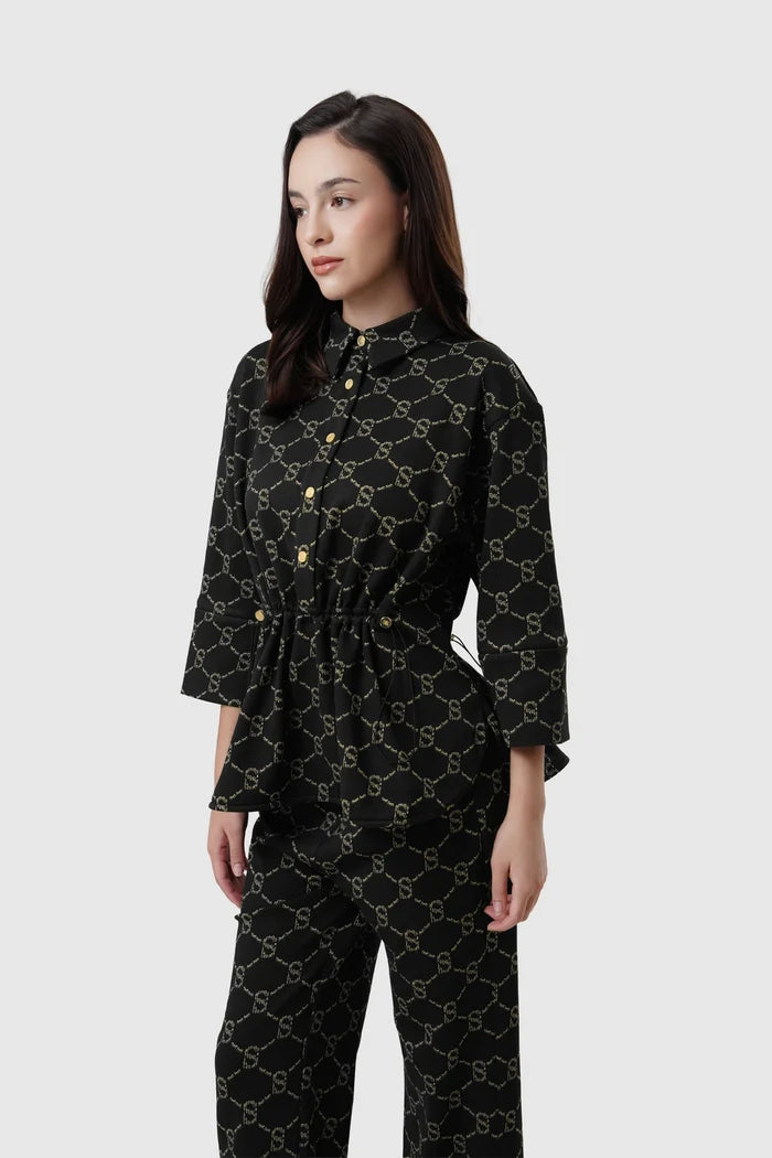 beverly monogram shacket in black by buttonscarves front view
