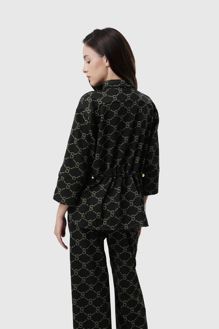 beverly monogram shacket in black by buttonscarves back view