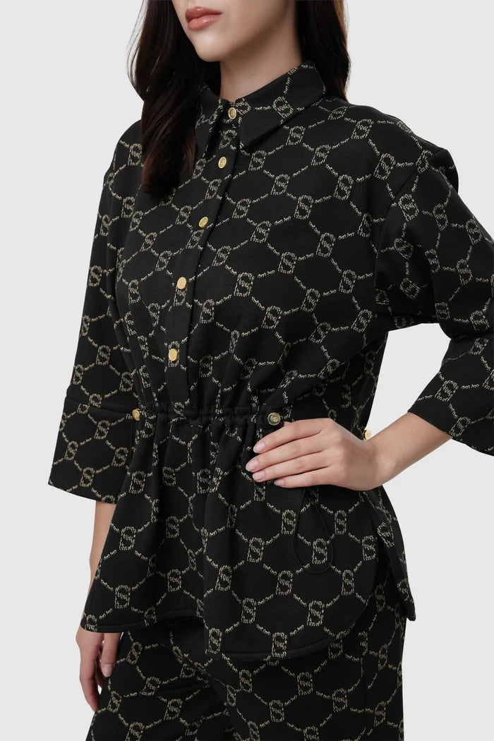 beverly monogram shacket in black by buttonscarves pattern detail