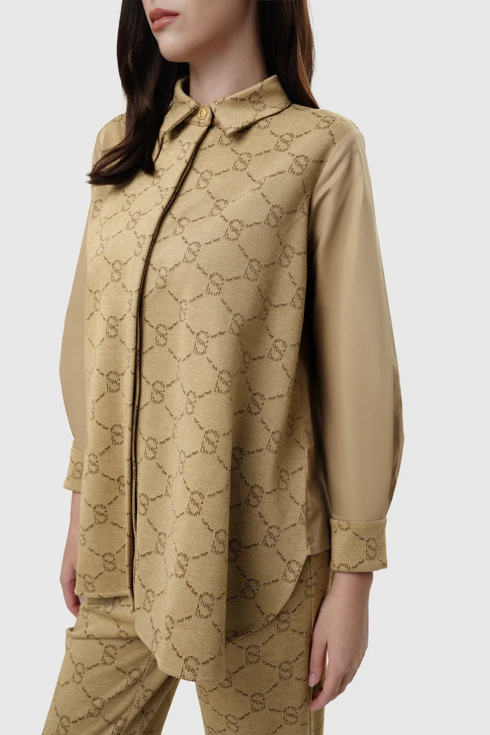 beverly monogram shirt in brown by buttonscarves front view