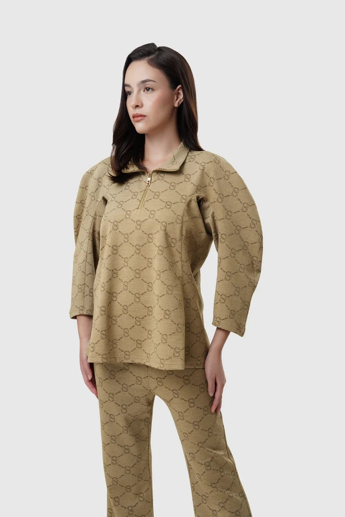 beverly monogram sweatshirt in brown by buttonscarves front view