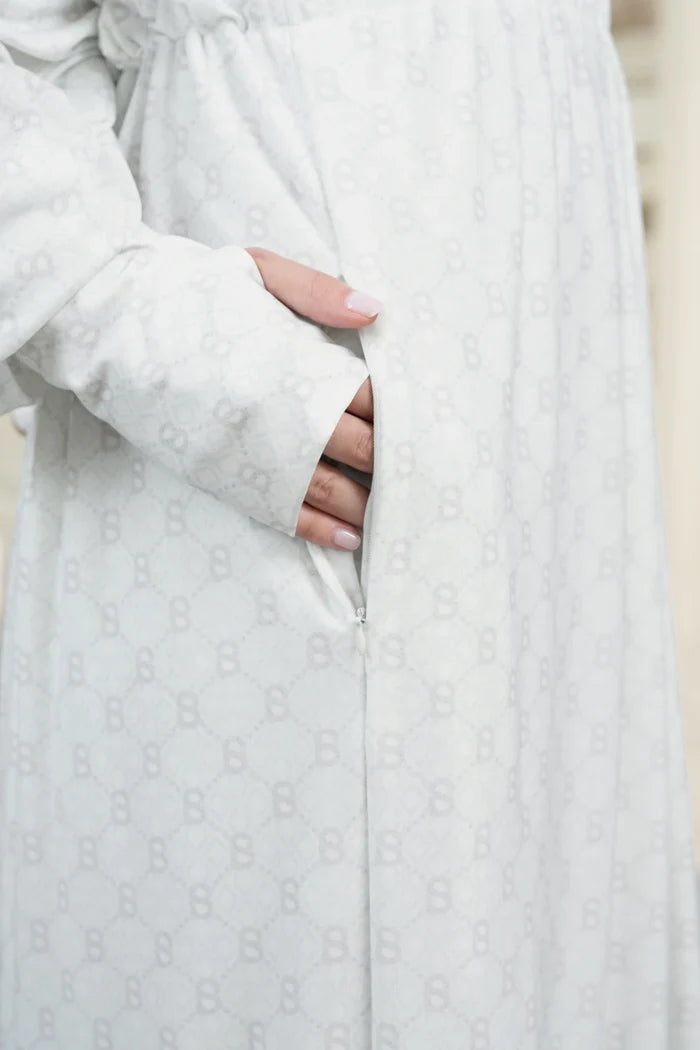 beverly prayer robe in white by buttonscarves pocket detail