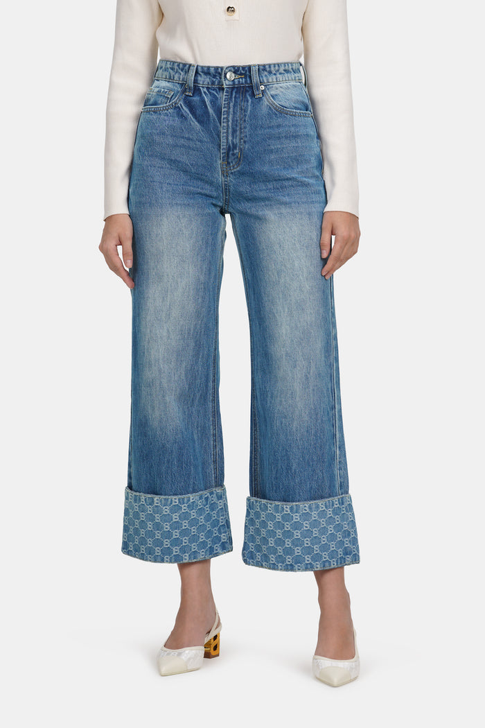 beverly wide leg denim pants in light blue by buttonscarves front view