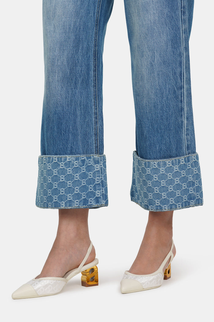 beverly wide leg denim pants in light blue by buttonscarves with beverly monogram pattern cuffed hem