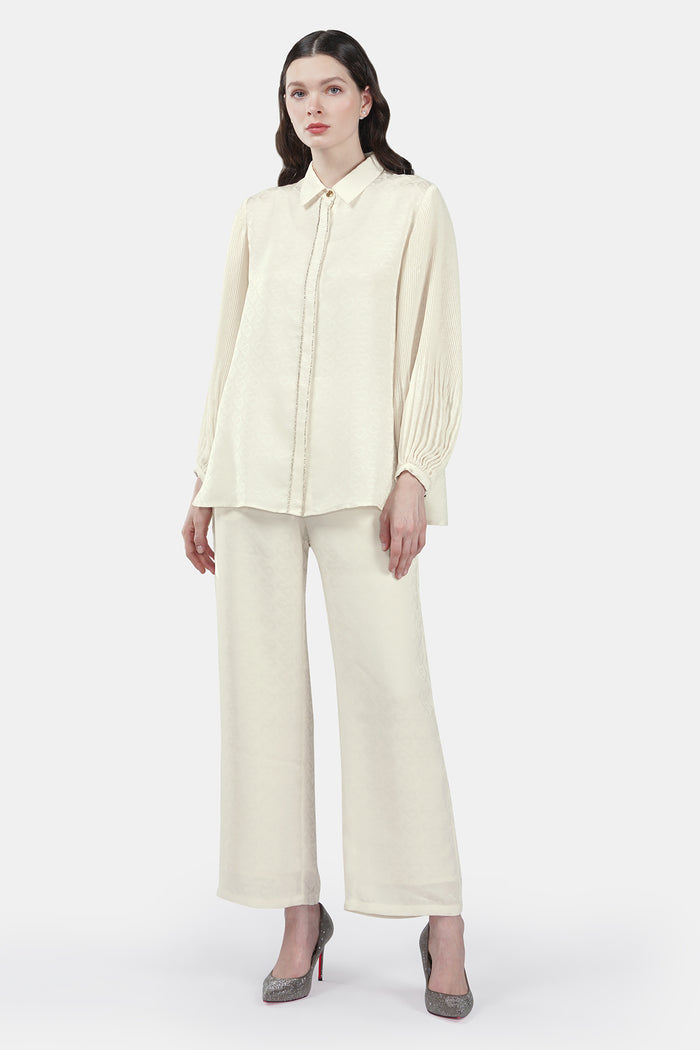 Bimu Monogram Satin Shirt Set - Ecru