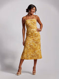 Yellow floral Tencel dress with spaghetti straps, full-body front view.