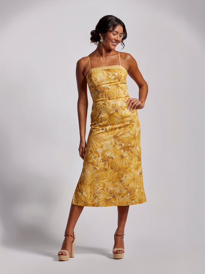 Yellow floral Tencel dress with spaghetti straps, full-body front view.