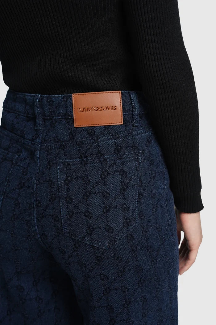 blair denim pants in navy by buttonscarves signature back patch detail