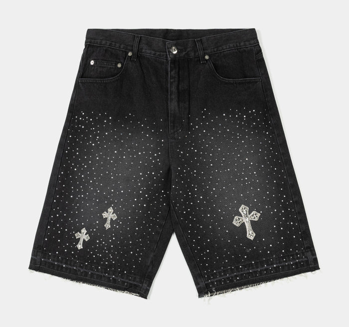 Bling Crosses Denim Mens Shorts (Black)
