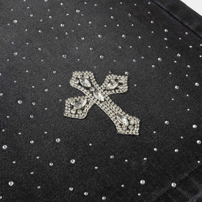 Bling Crosses Denim Mens Shorts (Black)