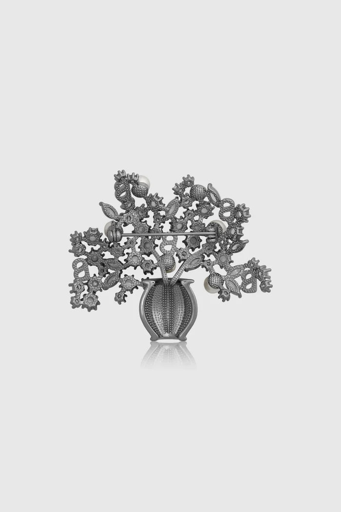 bloomora brooch in hematite by buttonscarves back view