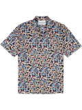 Multicolor  Red, yellow, and blue surfboard-print  tropical-print short-sleeve cotton lawn shirt, flat lay, front view.