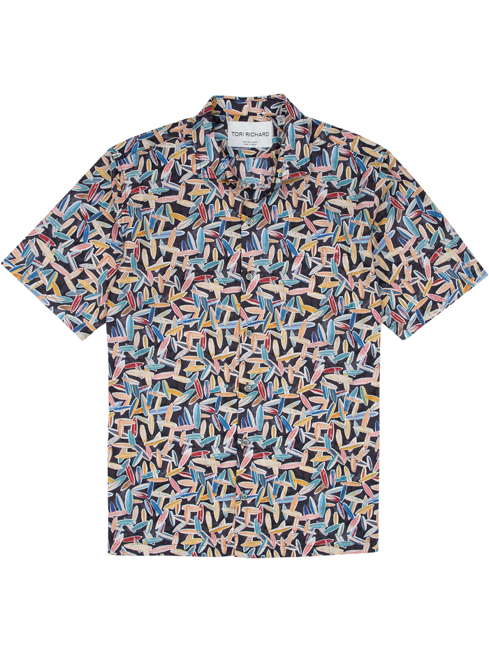 Multicolor  Red, yellow, and blue surfboard-print  tropical-print short-sleeve cotton lawn shirt, flat lay, front view.