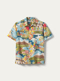 Multicolor scenic-print cotton Hawaiian boy's shirt, front and angled views showing tropical pattern details.