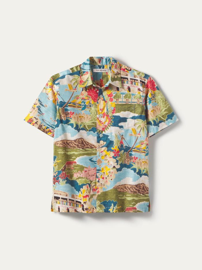Multicolor scenic-print cotton Hawaiian boy's shirt, front and angled views showing tropical pattern details.