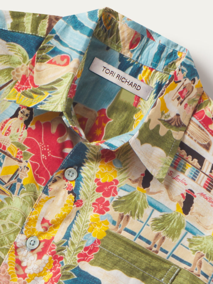 Multicolor scenic-print cotton Hawaiian boy's shirt, close-up fabric detail.