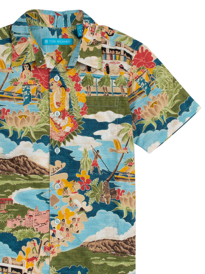 Multicolor scenic-print cotton Hawaiian boy's shirt, button-front view.