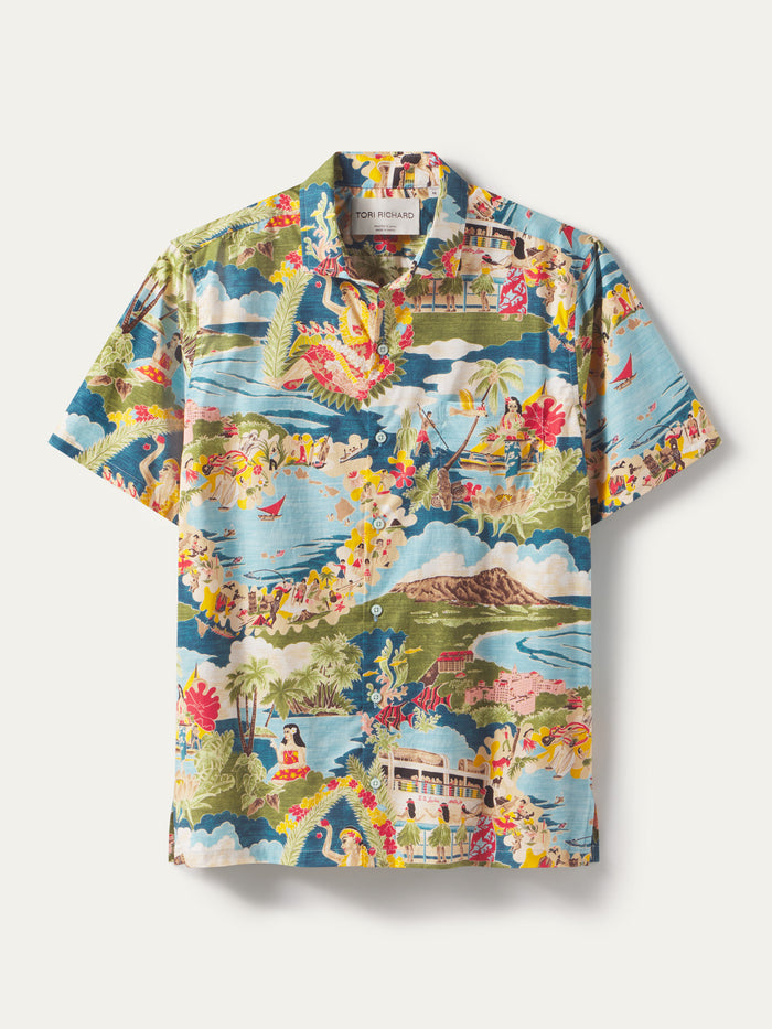 Blue/multicolor island-and-ocean print cotton Hawaiian shirt, front and back views.