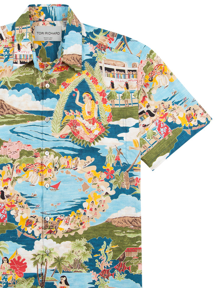 Vibrant blue tropical island and palm tree print short-sleeve shirt, front view shown in both images.
