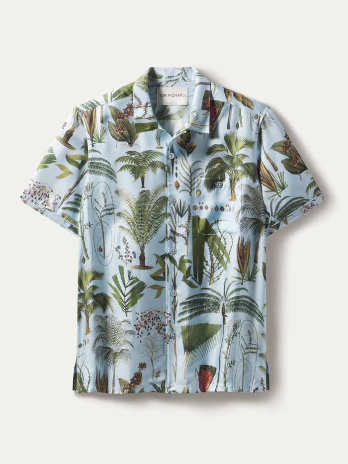 Sky Blue palm-print twill short-sleeve shirt, shown in front view.