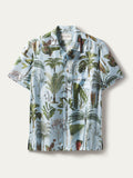 Sky Blue palm-print twill short-sleeve shirt, shown in front view.