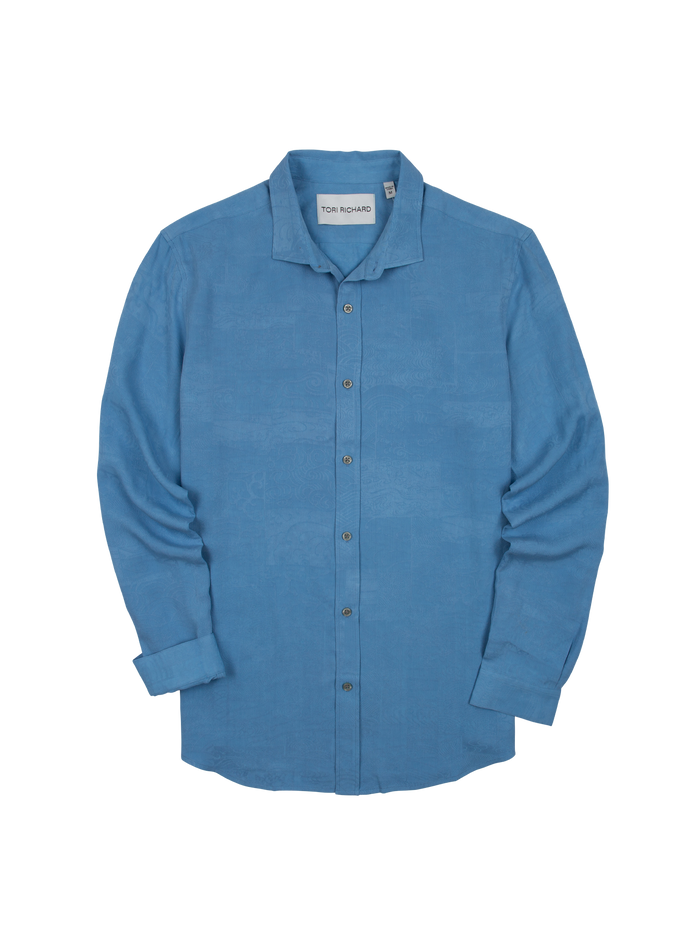 Blue Japanese wave-print silk-Tencel long-sleeve shirt, front and back views.