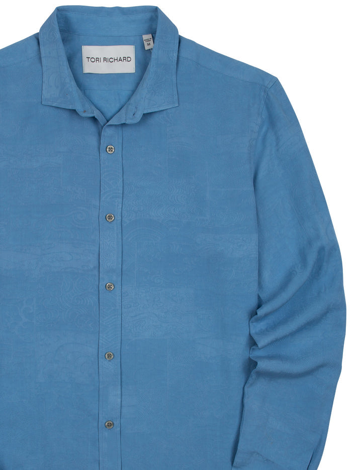 Blue solid long-sleeve shirt, silk-Tencel blend, flat lay front view.