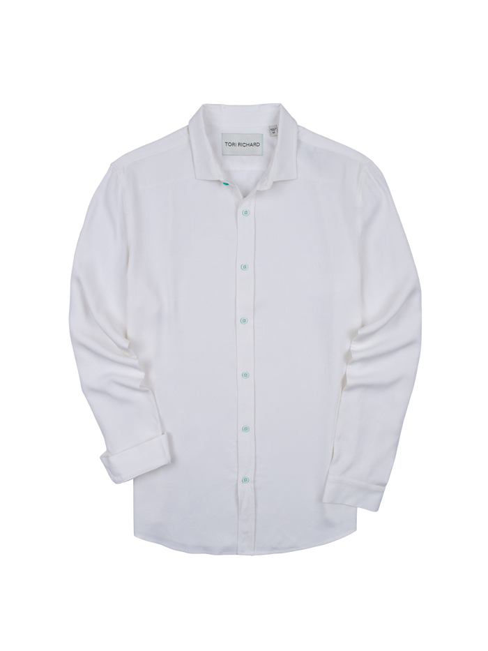 White silk-Tencel long-sleeve button-up shirt, front view on white background.