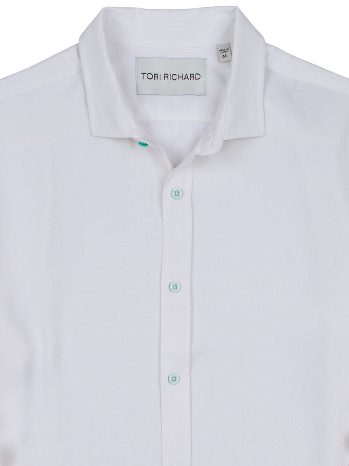 White long-sleeve shirt, Japanese wave print, blue buttons, front view.