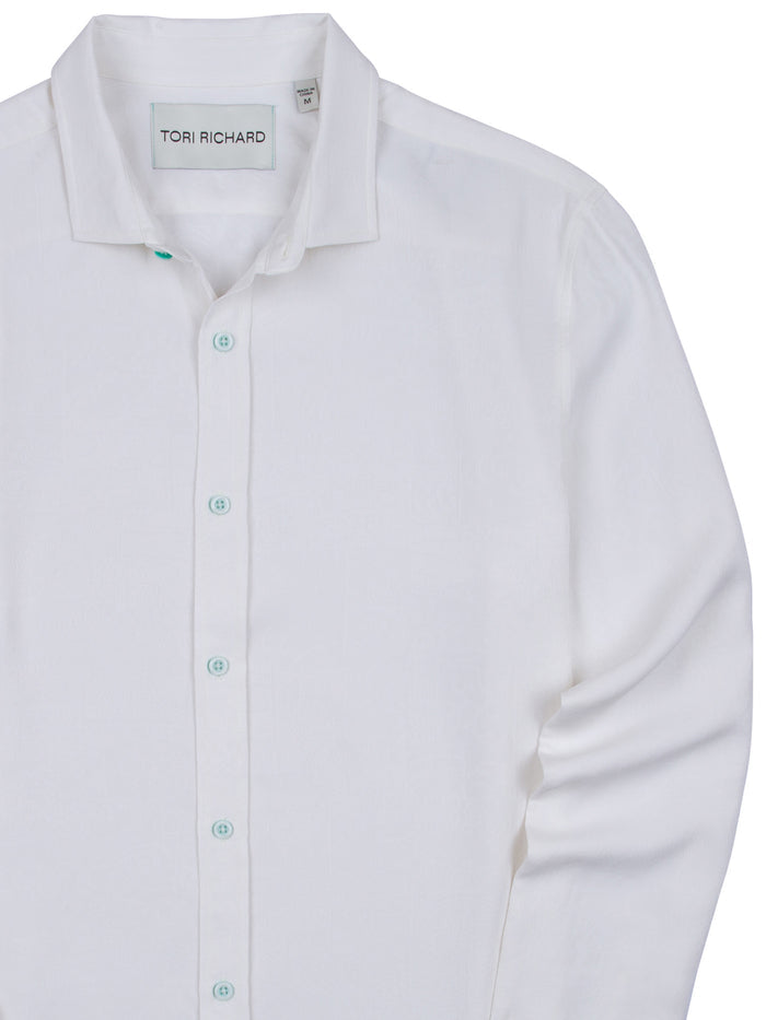 White solid long-sleeve shirt, light blue buttons, Tori Richard label inside collar.