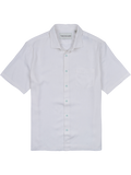 White solid silk-Tencel short-sleeve button-up shirt with chest pocket, flat lay view.