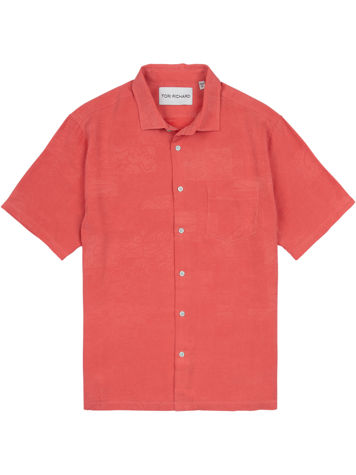 Coral Japanese wave print silk-Tencel shirt with flat collar, front pocket, front view.