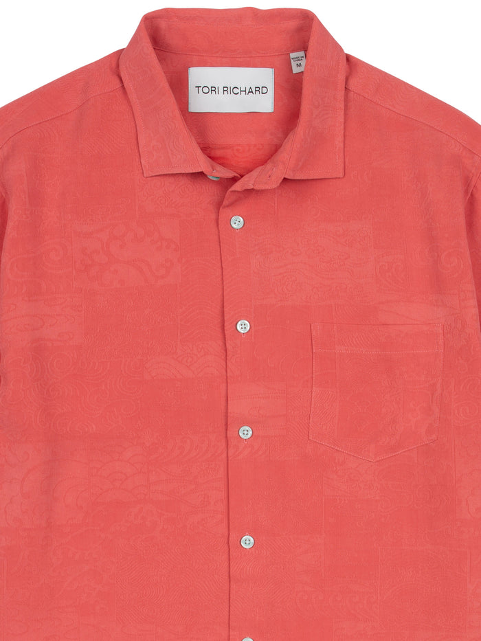Coral Japanese wave-print shirt with chest pocket, front view shown in.