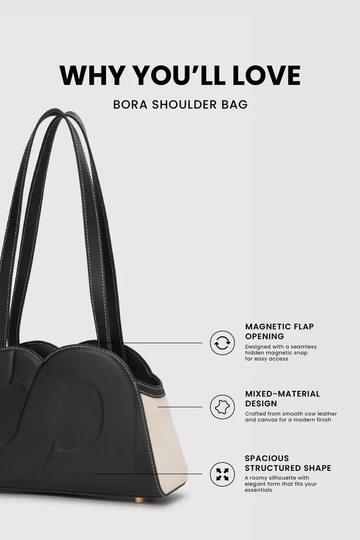 bora shoulder bag in black by buttonscarves feature overview