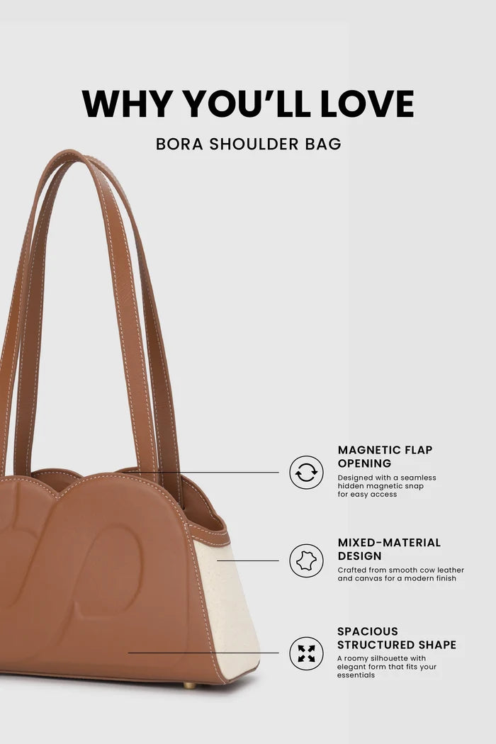 bora shoulder bag in brown by buttonscarves feature overview