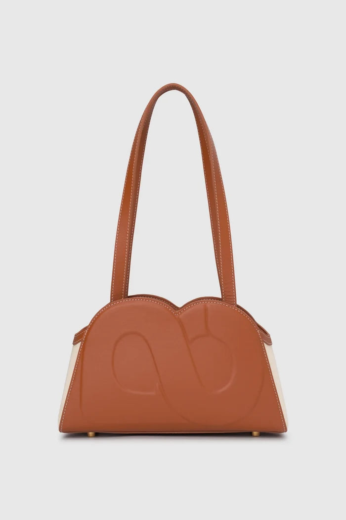 bora shoulder bag in brown by buttonscarves front view