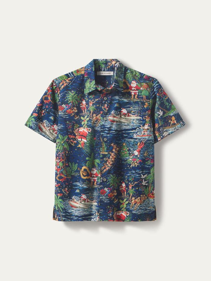 Red & white Santa-print boy’s short-sleeve cotton shirt, front and back views.