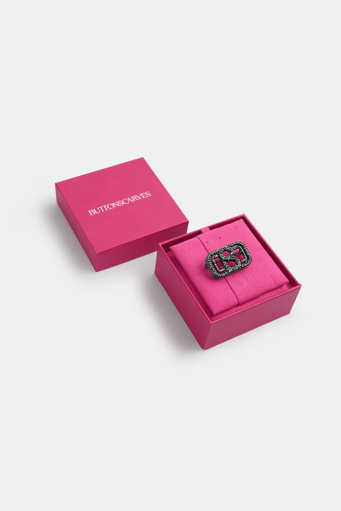 briana crystal brooch small in hematite by buttonscarves packaging details