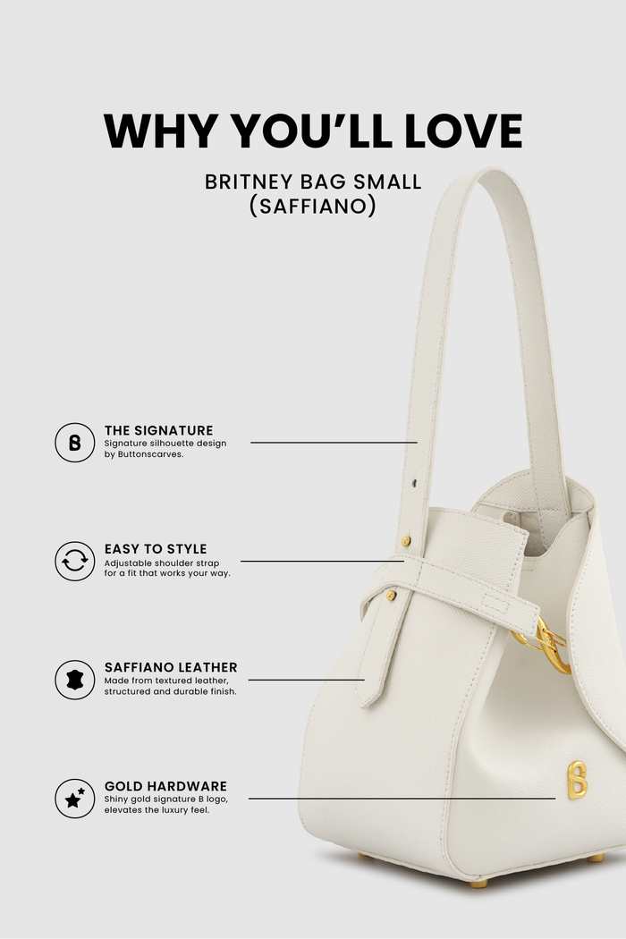 britney bag small with saffiano leather in bianco candido by buttonscarves feature overview