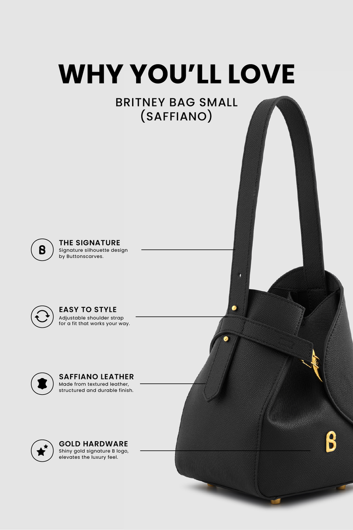 britney bag small with saffiano leather in black by buttonscarves feature overview